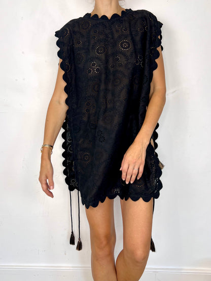 Ric Rac Tie Side Cotton Broderie Beach Cover-Up - Noir