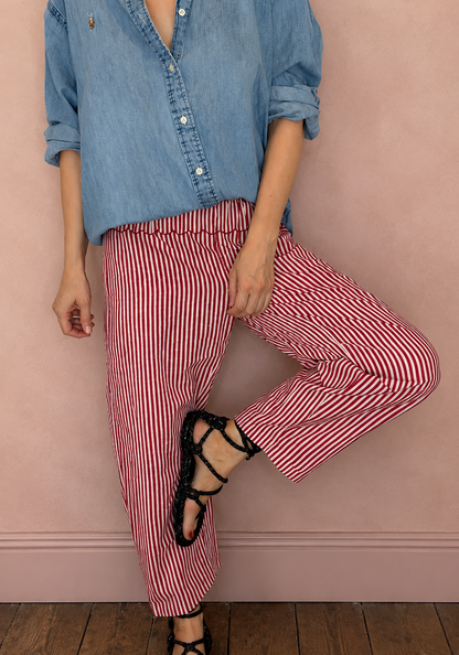 Reggi Elasticated Waist Peplum Barrel Leg Trouser - Deep Red & White