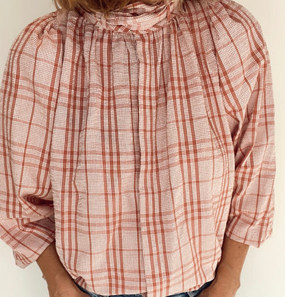 Sally Check Tie Neck Cotton Shirt - Dusty Pink