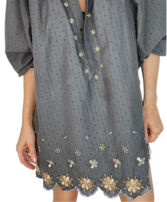 Shivani Metallic Embroidered Cotton Mini Dress - Washed Black