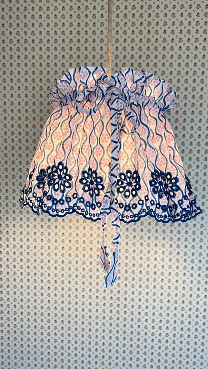 Medium Adjustable Broderie Trim Fabric Lampshade Cover - Indigo Wave & Pink Dot