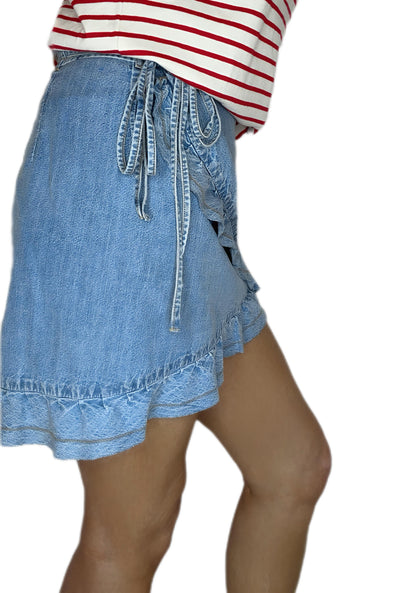 Didi Frilly Edge Cotton Wrap Mini Skirt - Mid Denim