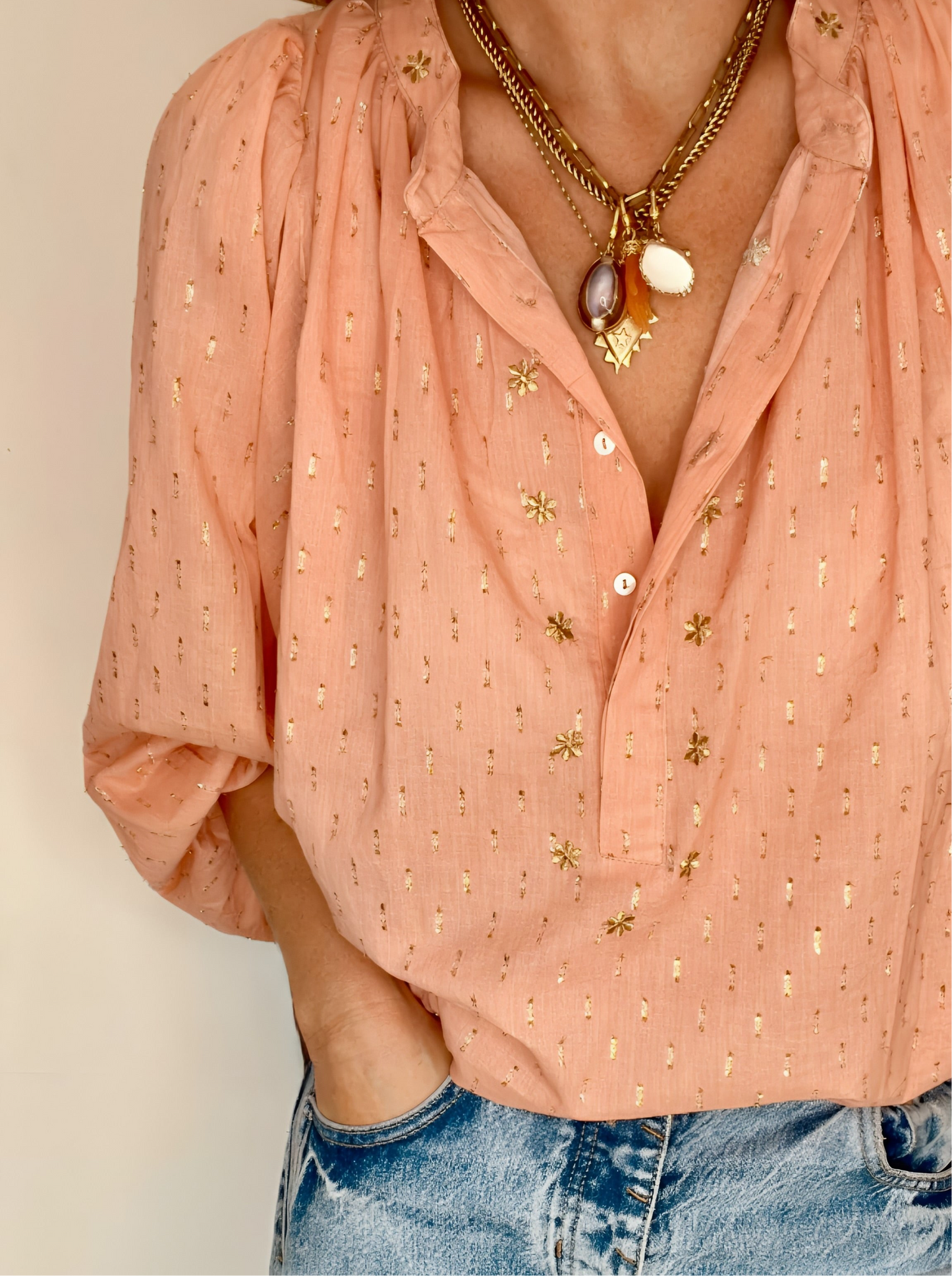 Calamine Half Placket Cotton & Metallic Spot Pop-Over Top - Plaster