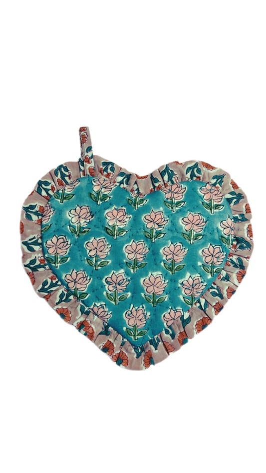 Thea / Pippa Contrast Print Quilted Heart Pot Holder - Denim Blue / Salmon