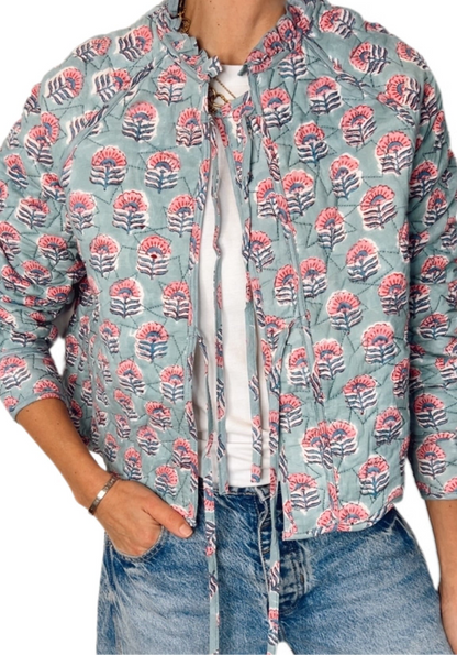 Minty Printed Cotton Quilted Jacket - Soft Mint & Pink