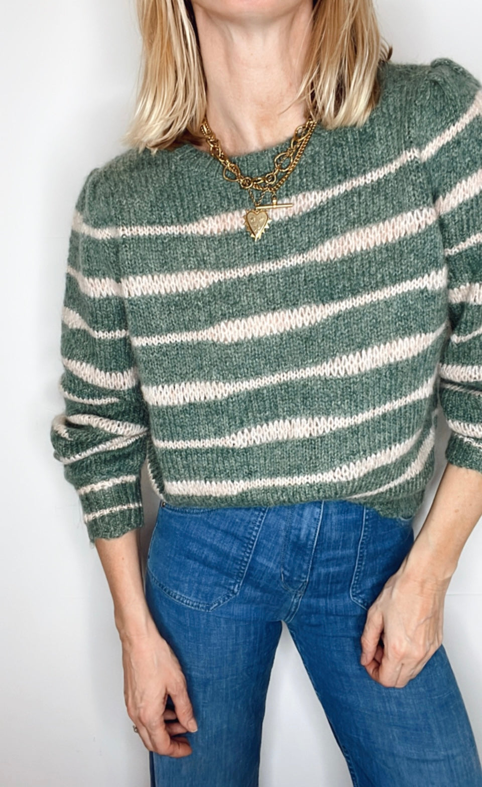 Irregular Stripe Chunky Knit Jumper - Forest Green & Blossom