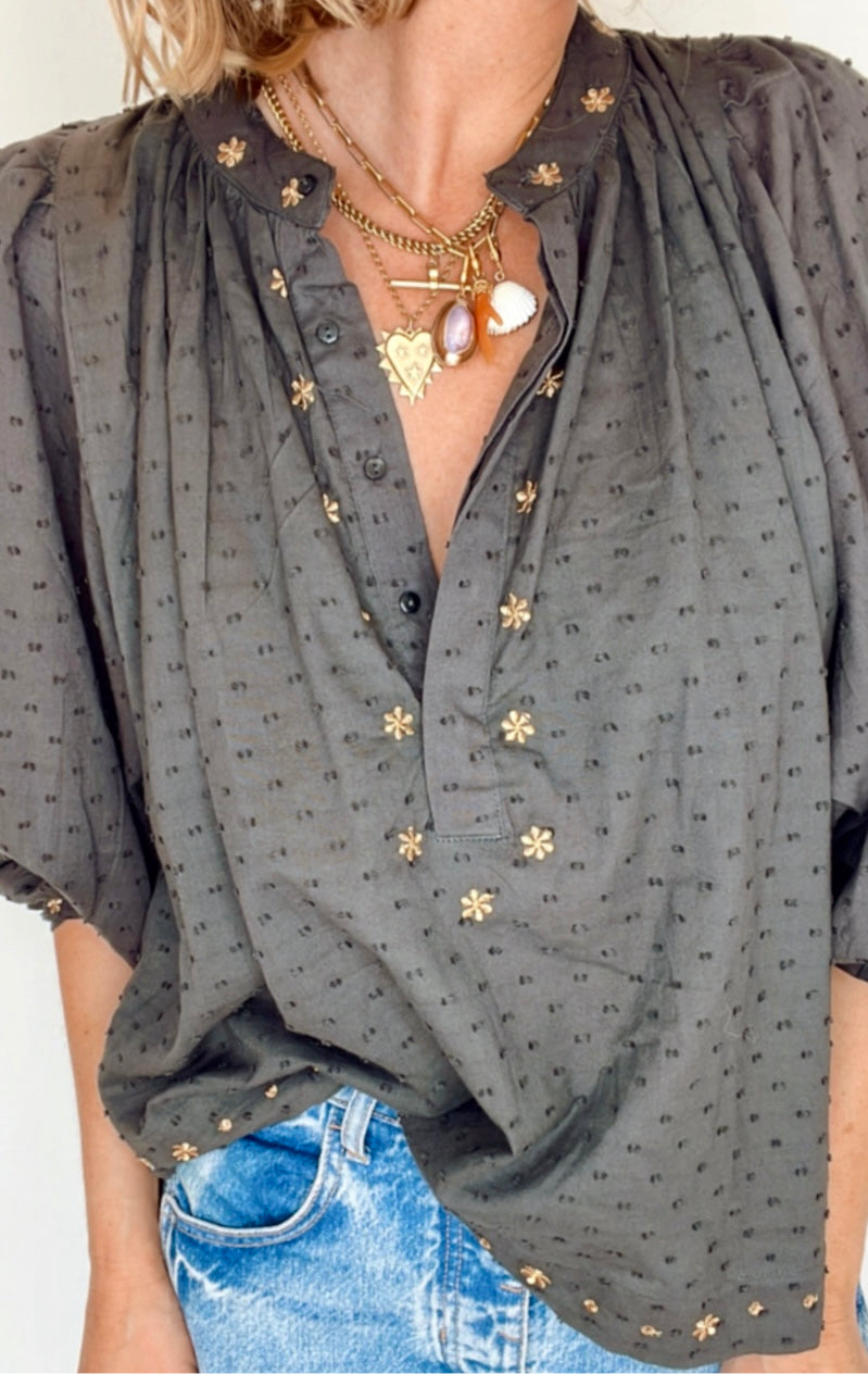 Shivani Half Placket Cotton Pop-Over Top - Washed Black