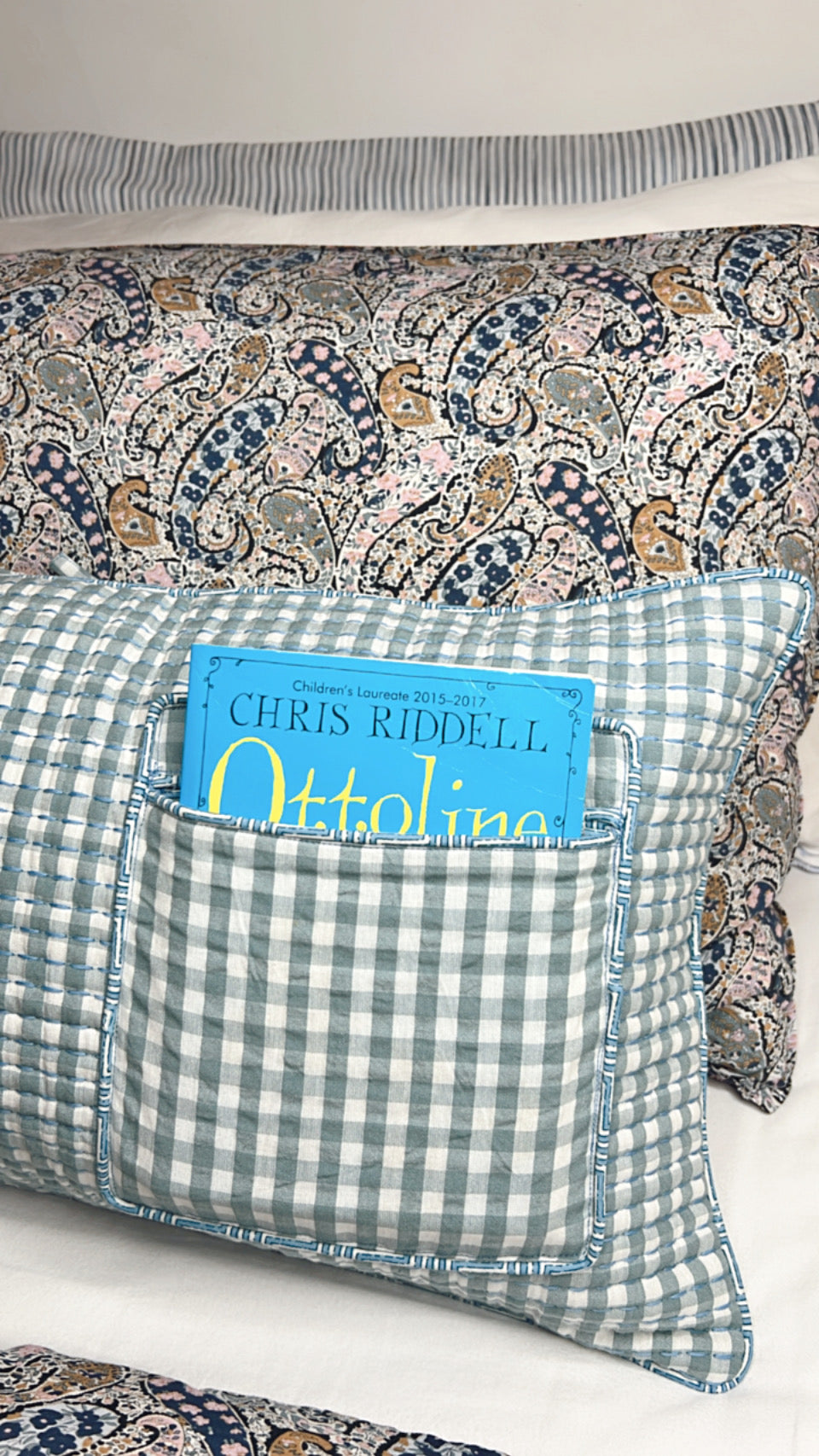 Oscar Gingham Pocket Quilted Cushion Cover - Denim Blue