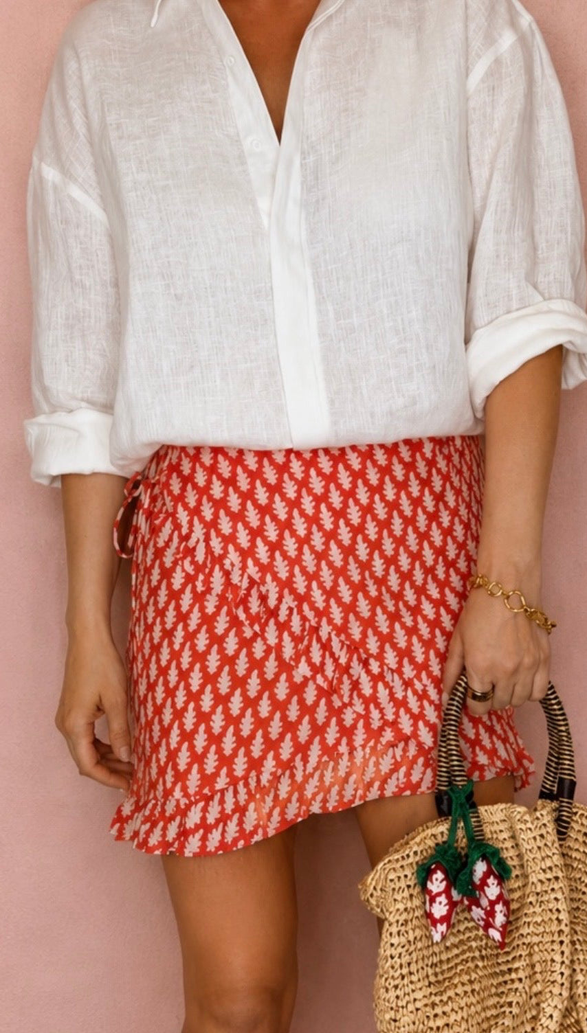 Mandardin Frilly Edge Cotton Wrap Mini Skirt - Orange Red