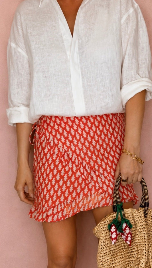 Mandardin Frilly Edge Cotton Wrap Mini Skirt - Orange Red