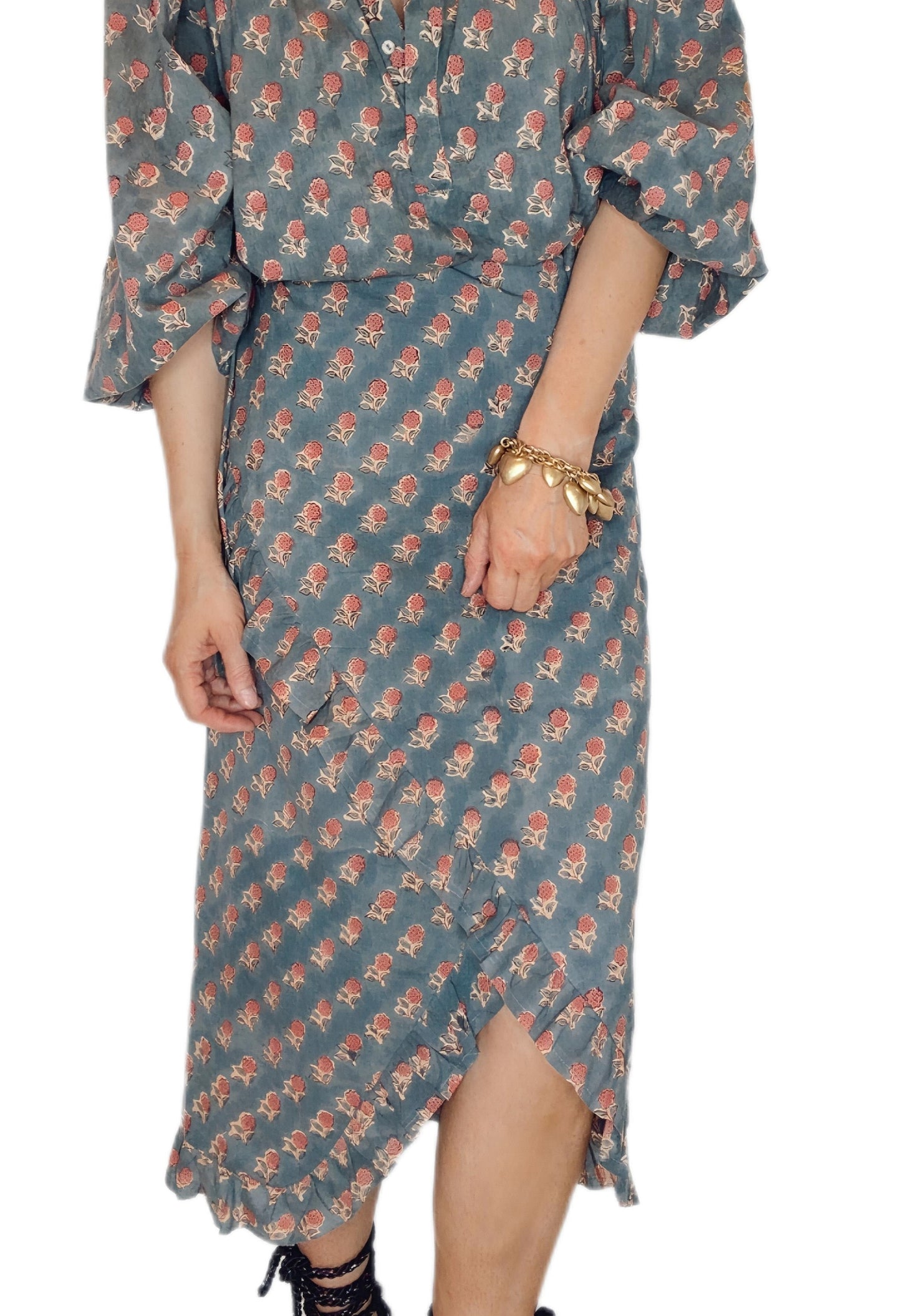 Tabby Frilly Edge Cotton Wrap MIDI Skirt - Deep Teal Print