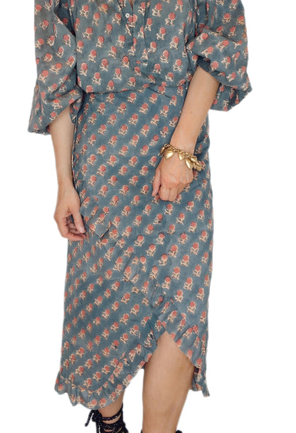 Tabby Frilly Edge Cotton Wrap MIDI Skirt - Deep Teal Print