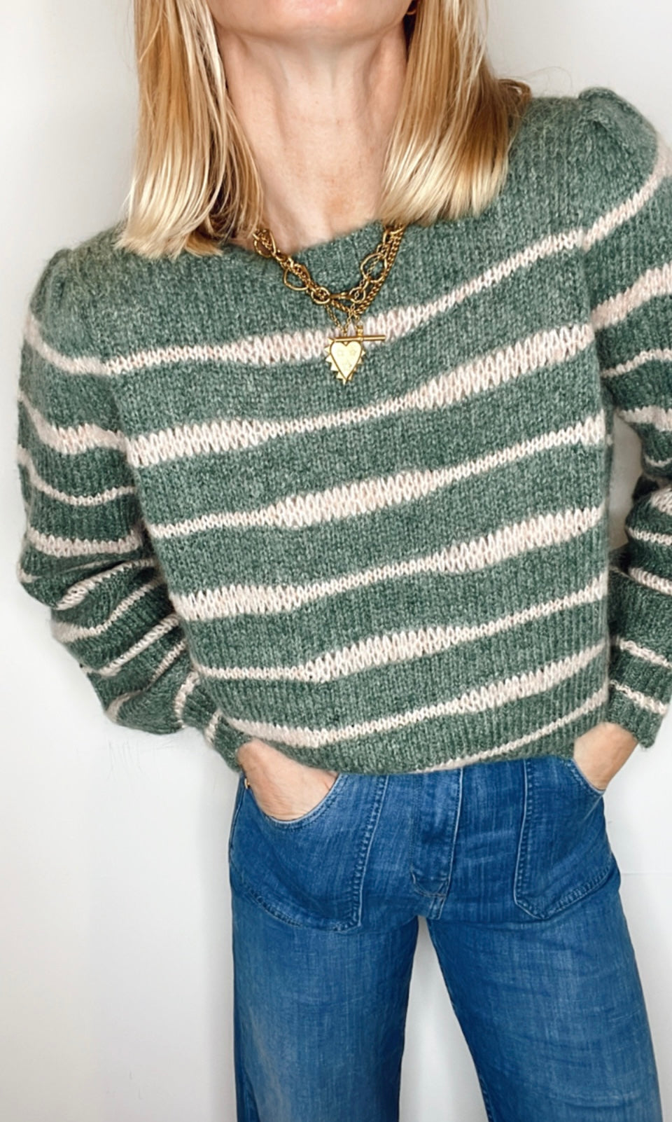 Irregular Stripe Chunky Knit Jumper - Forest Green & Blossom