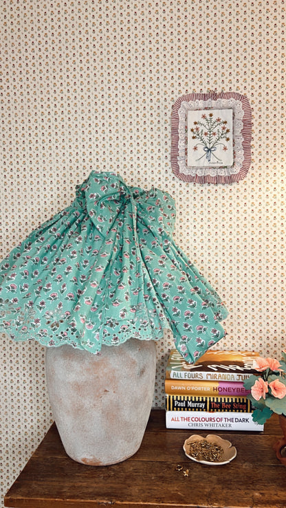 Jumbo Adjustable Broderie Trim Fabric Lampshade Cover - Jade Green & Pink Floral