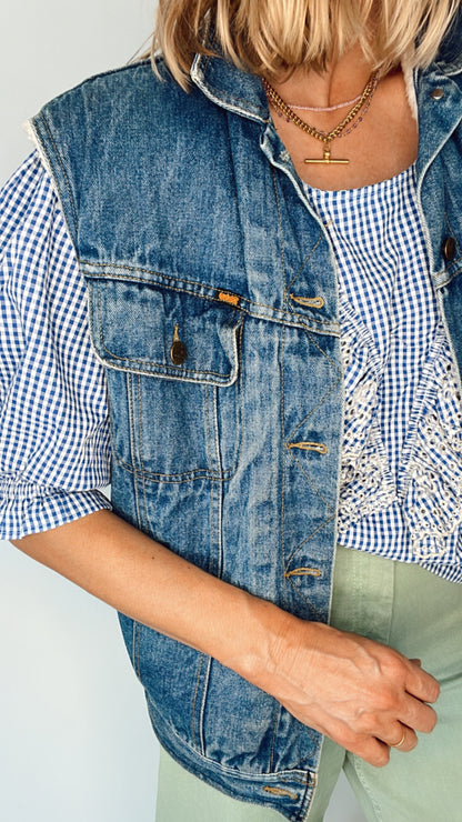 Peggy Micro Gingham Broderie Frill Cotton Top - Blue & White