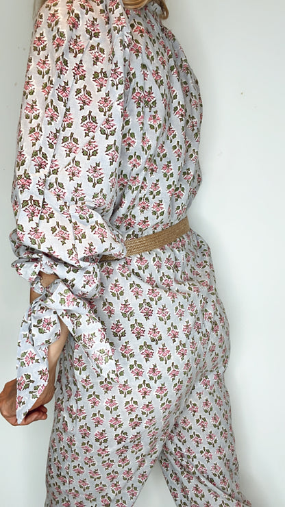 Tilda Bow Cuff Cotton Block Printed Jumpsuit - Mint, Pink & Ecru