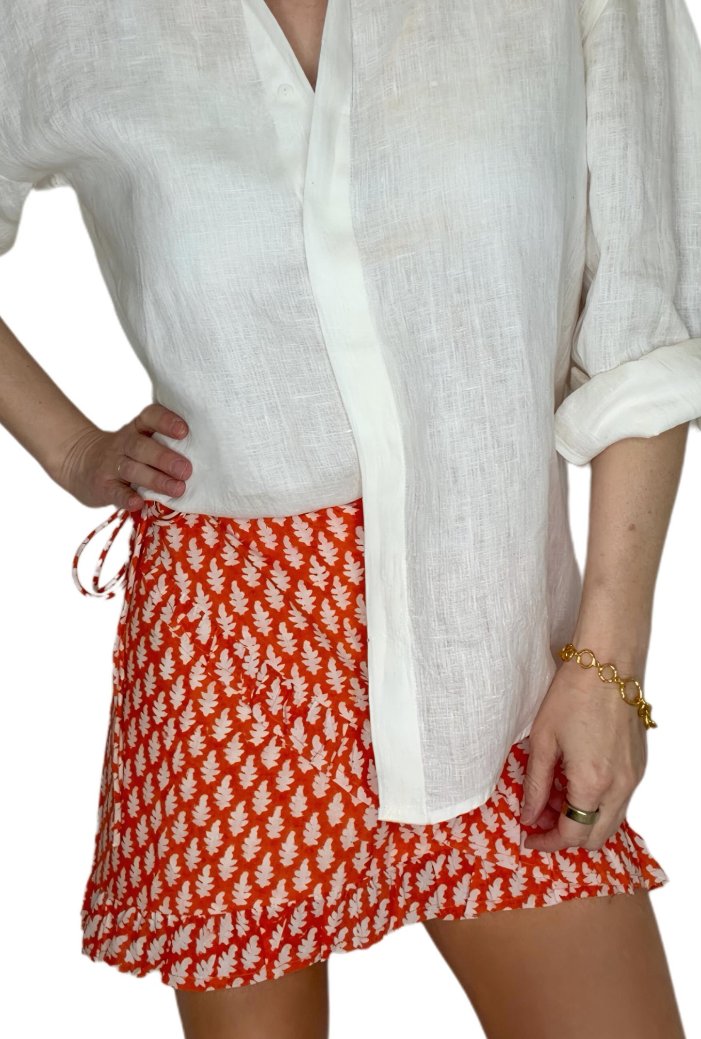 Mandardin Frilly Edge Cotton Wrap Mini Skirt - Orange Red