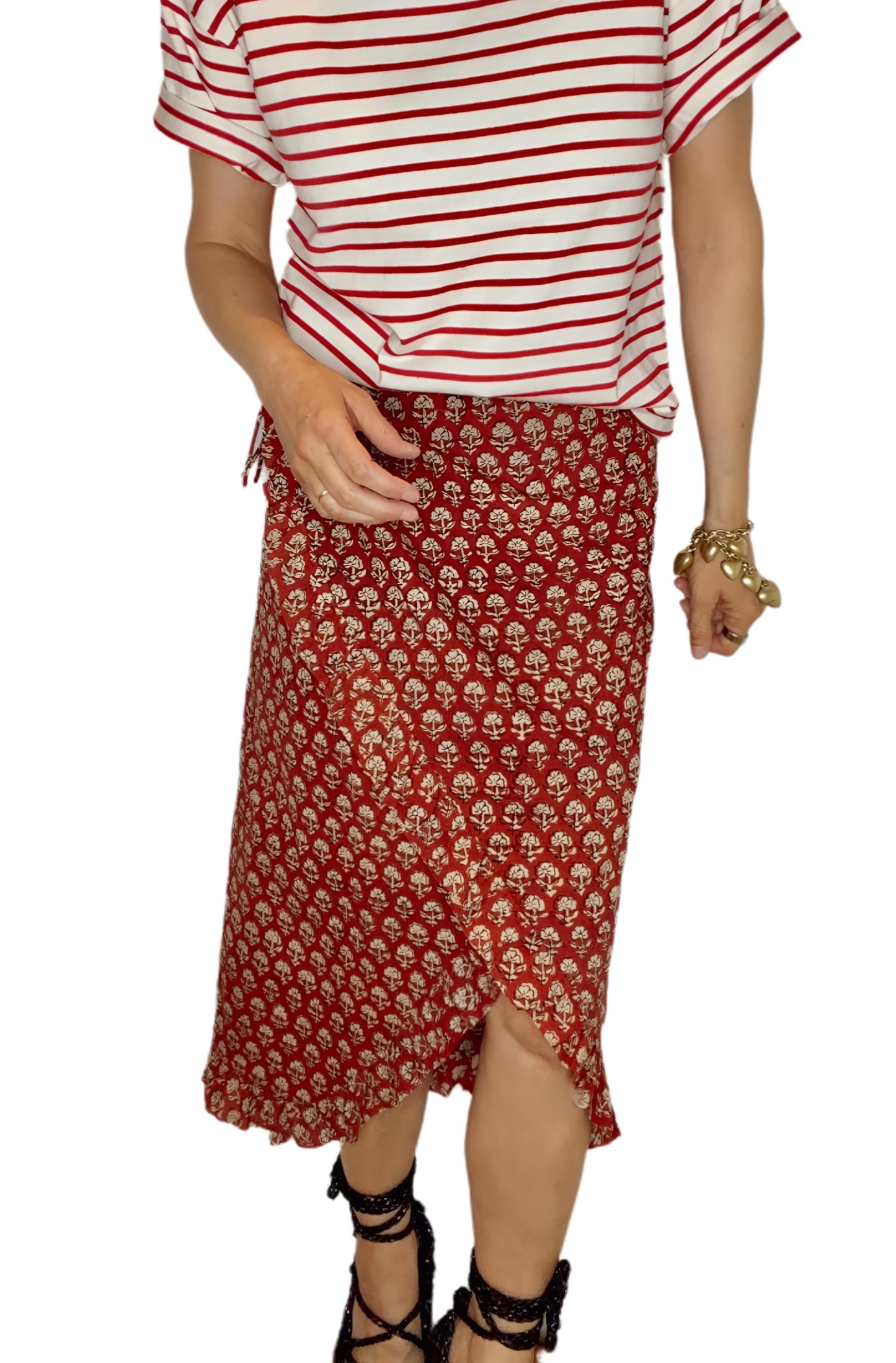 Ruby Frilly Edge Cotton Wrap MIDI Skirt - Ruby Red