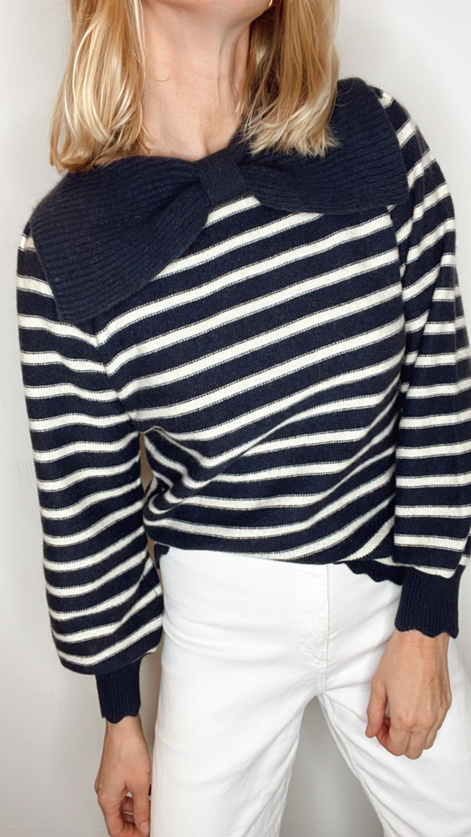 Bow Collar Stripe Jumper - Navy & Ecru