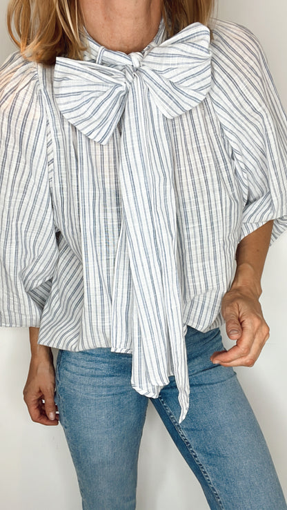 Scandi Stripe Tie Neck Cotton Shirt - Ecru and Soft Grey