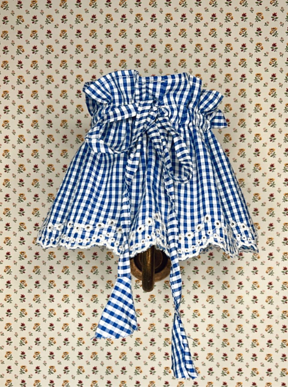 Small Adjustable Broderie Trim Fabric Lampshade Cover - Blue & White Gingham