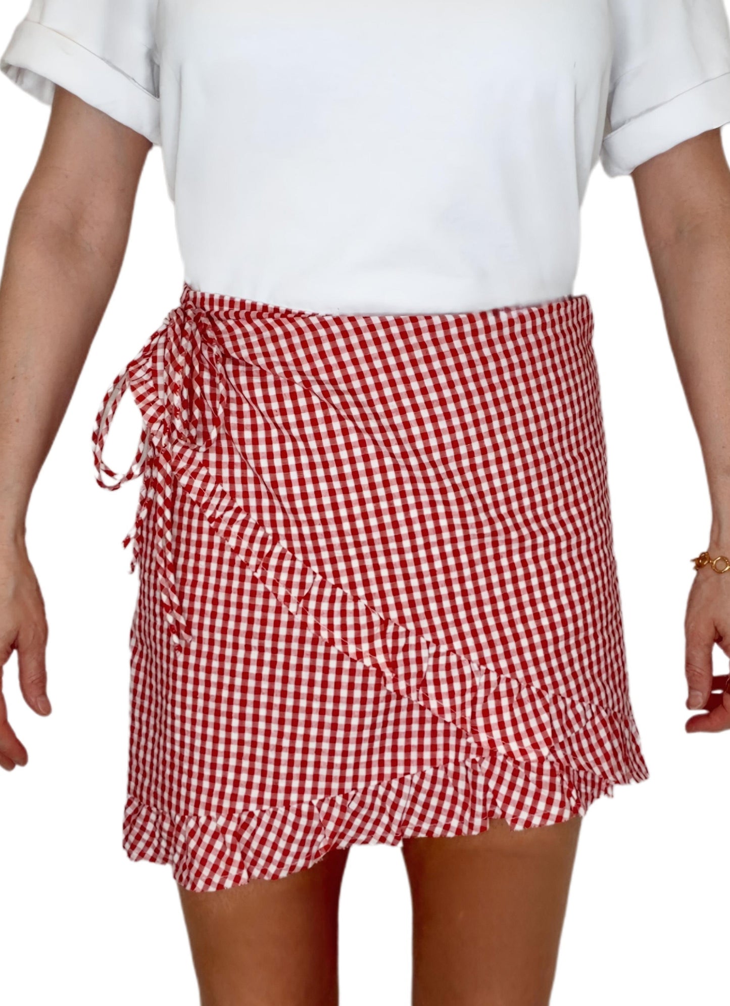 Ginny Gingham Frilly Edge Cotton Wrap Mini Skirt - Chilli Red