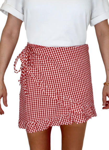 Ginny Gingham Frilly Edge Cotton Wrap Mini Skirt - Chilli Red
