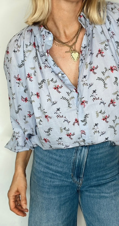 Sylvie Detachable Tie Neck Cotton Shirt- Denim Blue Fine Stripe Floral