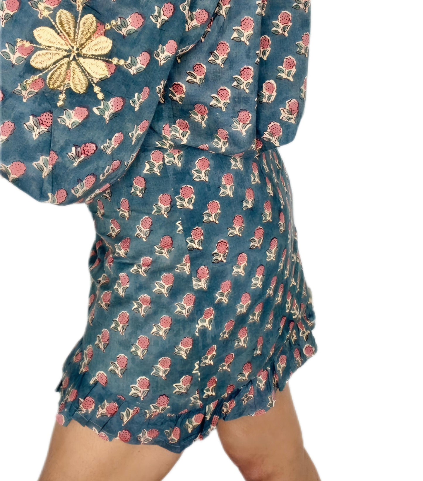 Tabby Half Placket Organic Cotton Pop-Over Top - Washed Teal Print