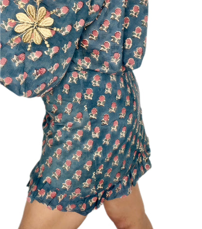 Tabby Half Placket Organic Cotton Pop-Over Top - Washed Teal Print