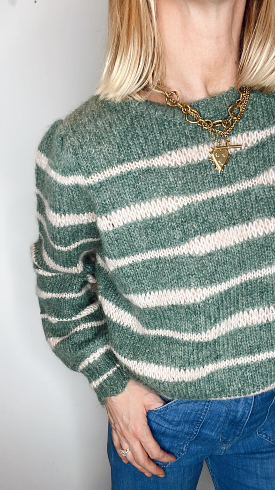 Irregular Stripe Chunky Knit Jumper - Forest Green & Blossom