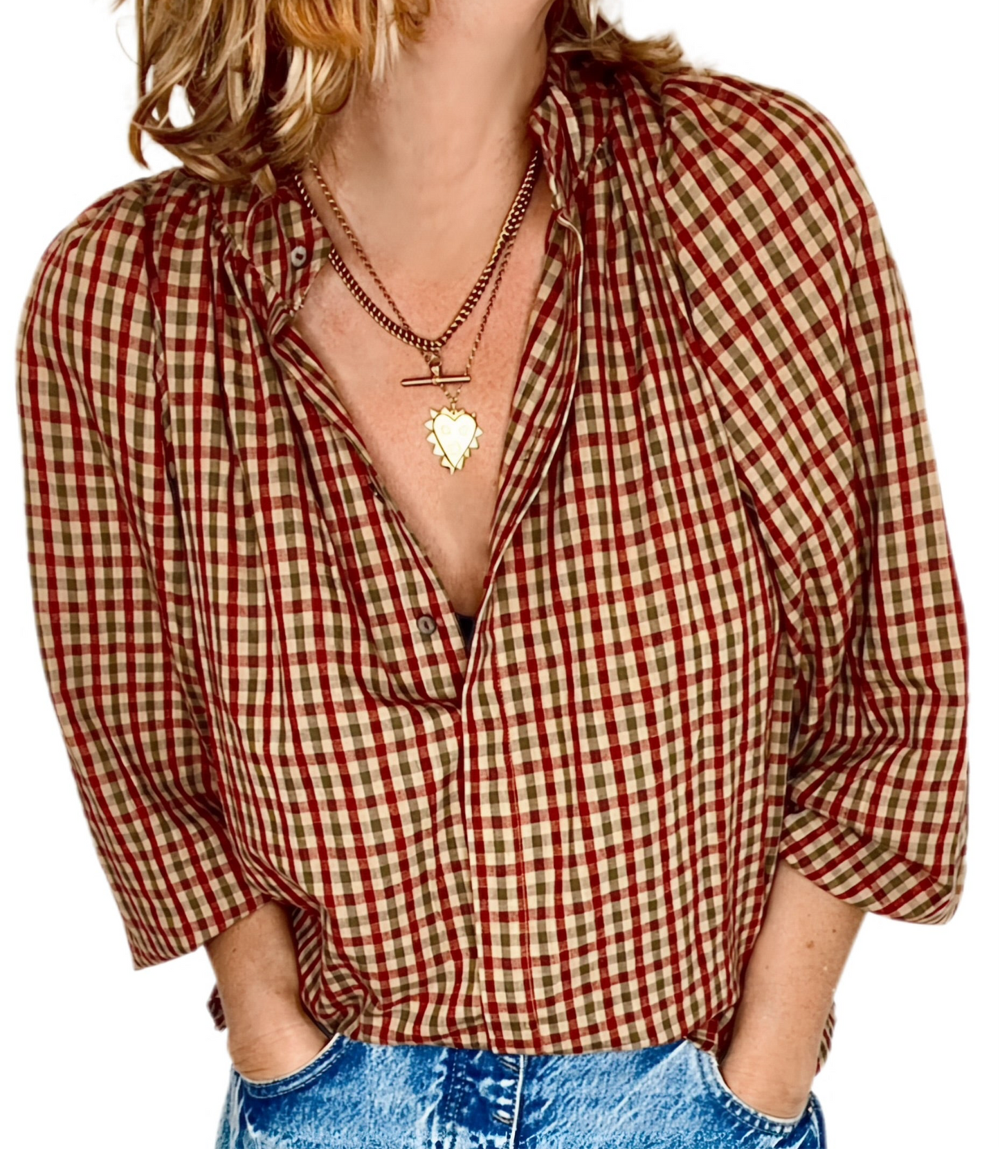 Autumn Gingham Detachable Tie Neck Cotton Shirt - Merlot Multi
