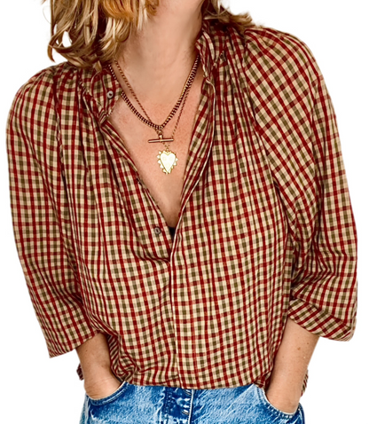 Autumn Gingham Detachable Tie Neck Cotton Shirt - Merlot Multi