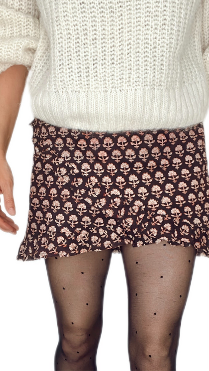 Belly Frill Edge Cotton Wrap Mini Skirt - Deep Bitter Chocolate