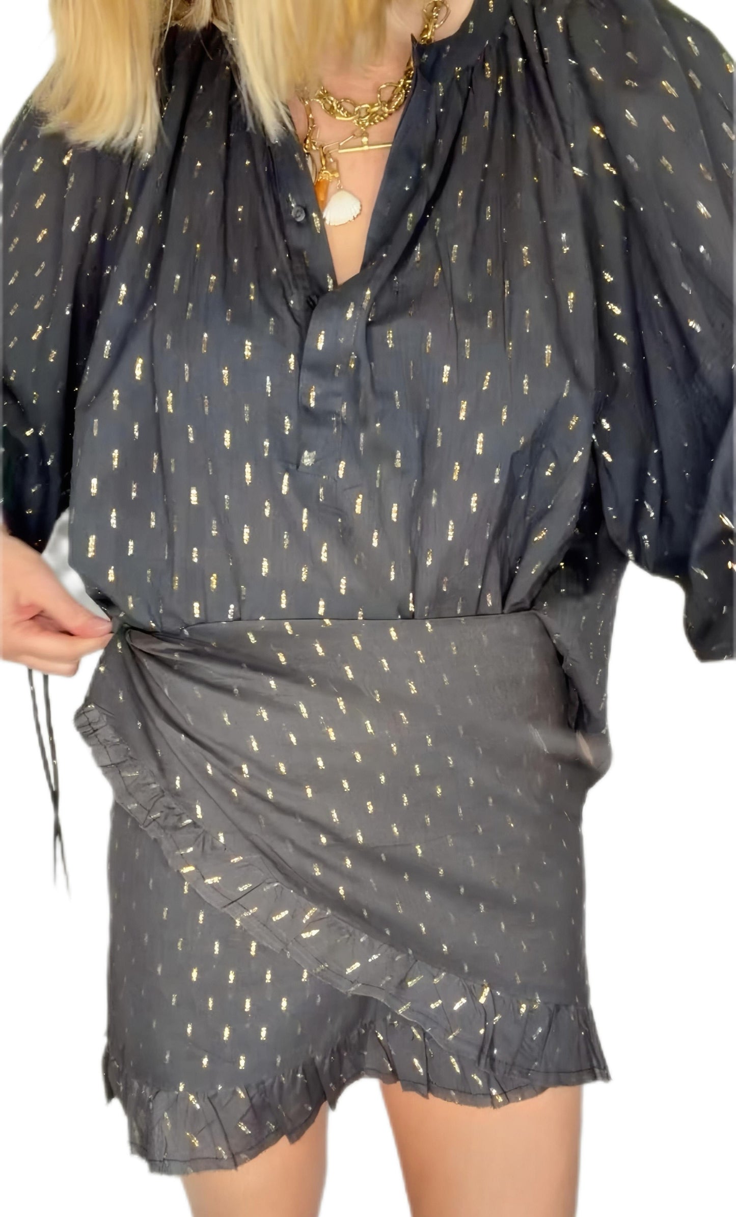 Goldie Frilly Edge Cotton Wrap Mini Skirt - Deep Indigo & Gold