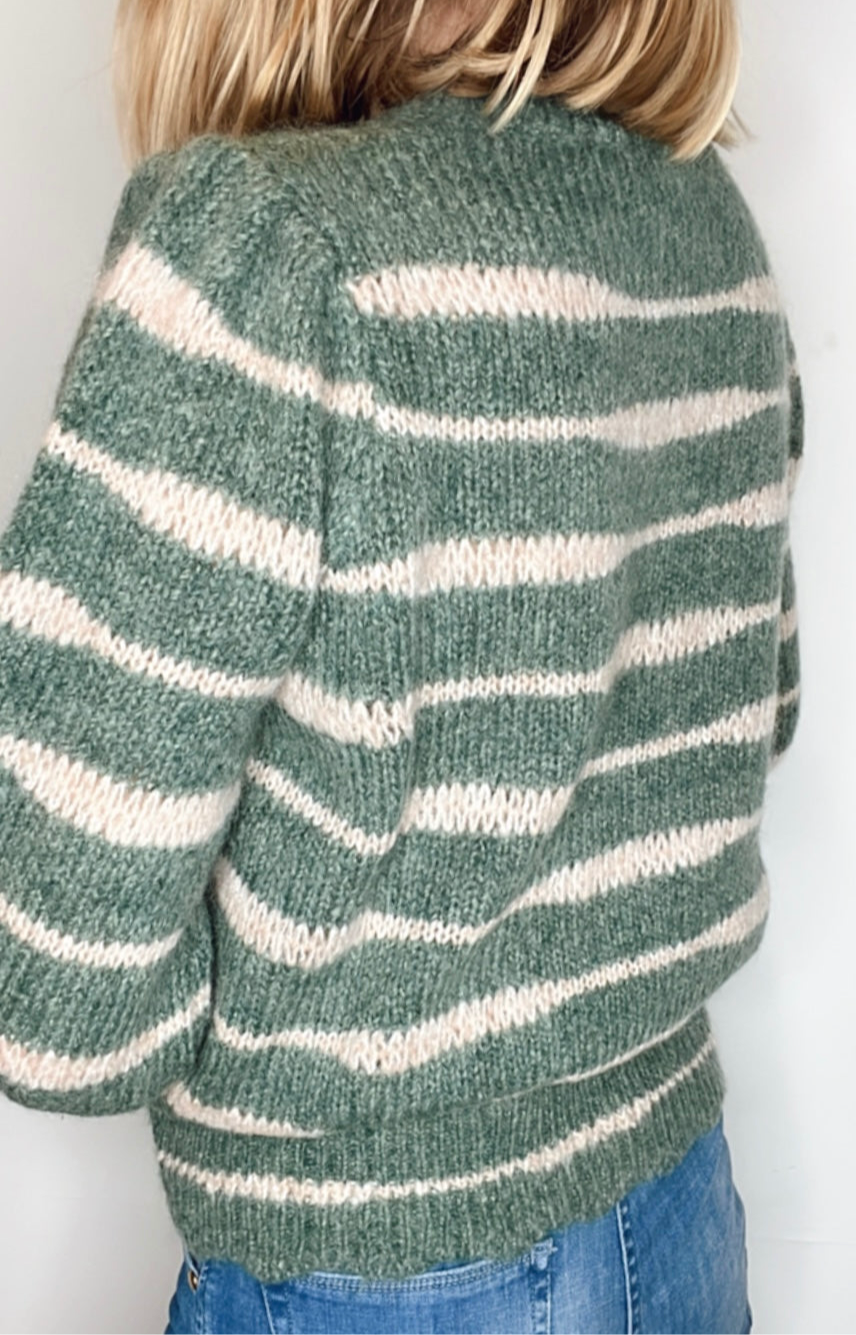 Irregular Stripe Chunky Knit Jumper - Forest Green & Blossom