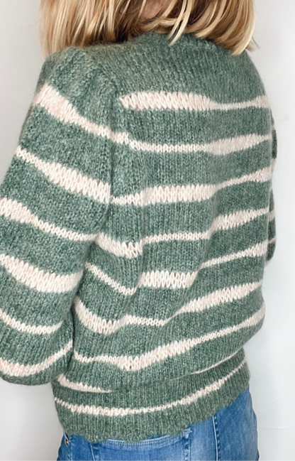 Irregular Stripe Chunky Knit Jumper - Forest Green & Blossom
