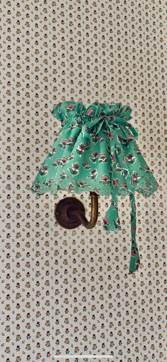 Small Adjustable Broderie Trim Fabric Lampshade Cover - Jade Green & Pink Floral