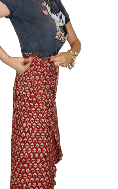 Ruby Frilly Edge Cotton Wrap MIDI Skirt - Ruby Red