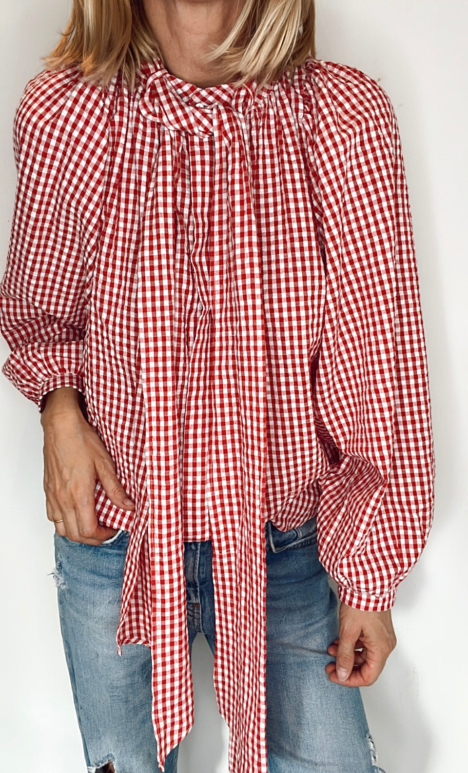 Cherry Gingham Tie Neck Cotton Shirt - Cherry Red & White