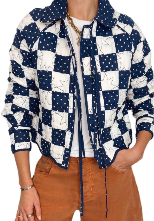 Clover Patchwork Quilted Cotton Jacket - Deep Indigo and Ecru