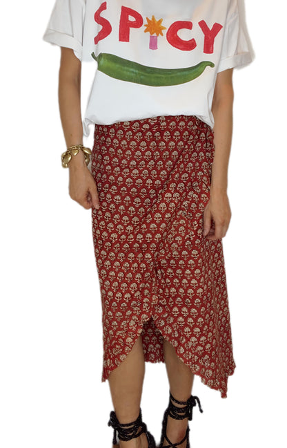 Ruby Frilly Edge Cotton Wrap MIDI Skirt - Ruby Red