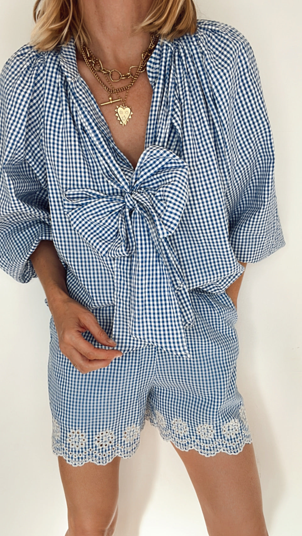 Peggy Gingham Tie Neck Cotton Shirt - Blue & White