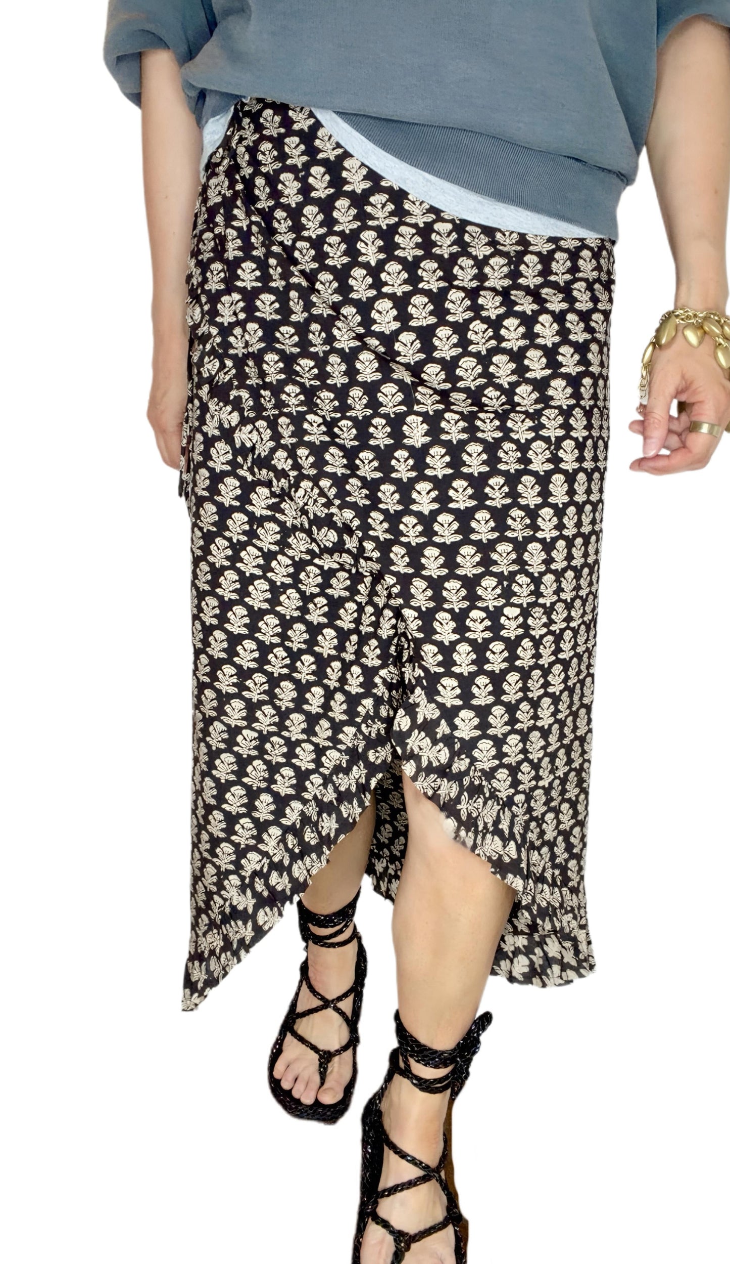 Jet Frilly Edge Cotton Wrap MIDI Skirt - Jet Black