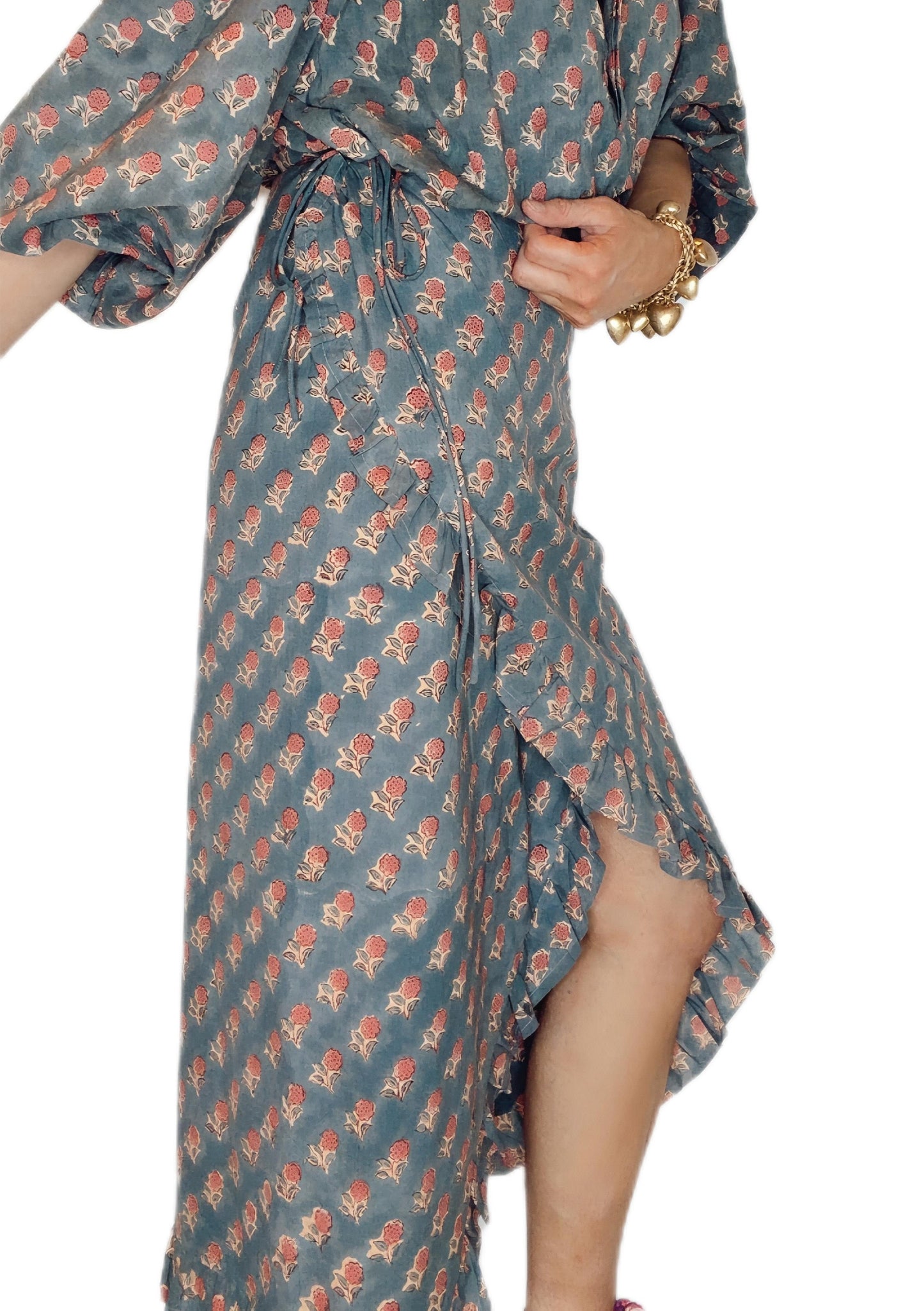 Tabby Frilly Edge Cotton Wrap MIDI Skirt - Deep Teal Print