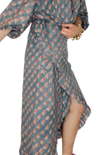 Tabby Frilly Edge Cotton Wrap MIDI Skirt - Deep Teal Print