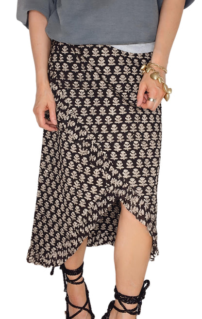 Jet Frilly Edge Cotton Wrap MIDI Skirt - Jet Black