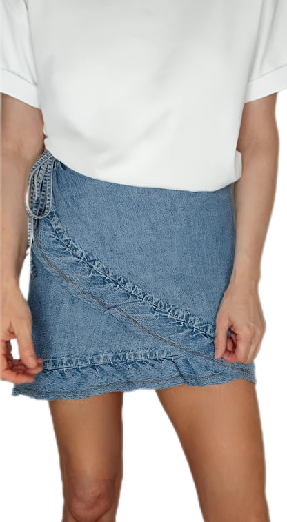 Didi Frilly Edge Cotton Wrap Mini Skirt - Mid Denim
