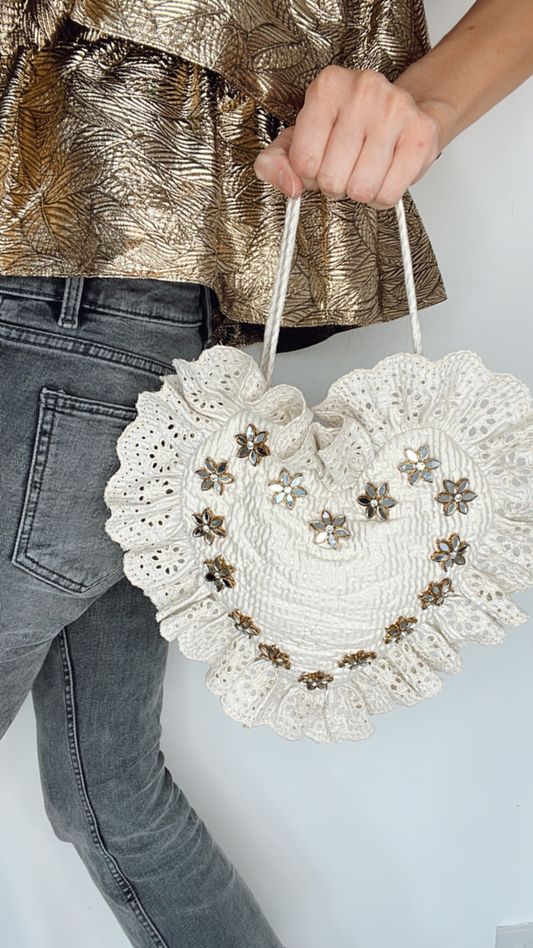 Fleur Embellished Frill Heart Quilted Bag