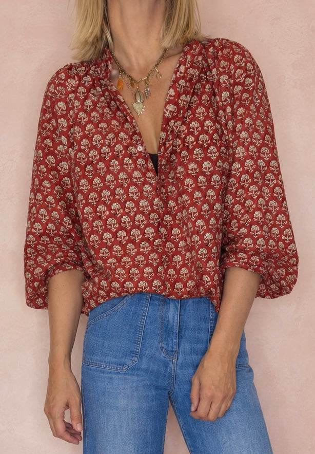 Ruby Detachable Tie Neck Cotton Shirt - Red Earth Print